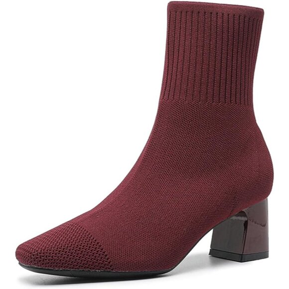 Women's Dark Red Dressy Comfy Knit Sock Square Toe Chunky Heel Slip On Booties - Picture 1 of 6